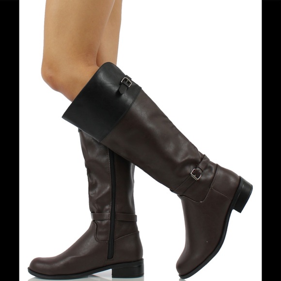 Brown two tone knee high riding heel low heel boot - Picture 5 of 5